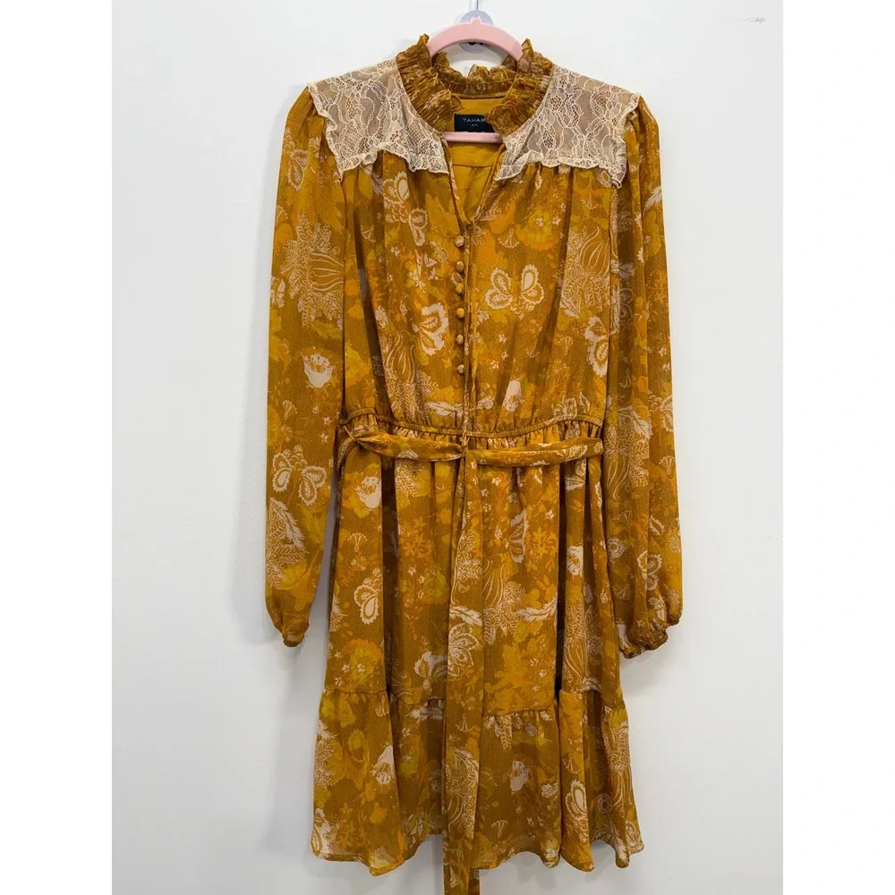 Tahari Floral Mini Dress 12 Mustard Yellow Lace Yoke Long Sleeve Boho Tiered - Picture 2 of 10